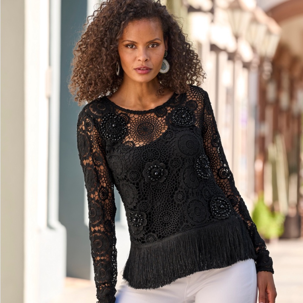 Boston Proper Black Beaded Crochet Fringe Top